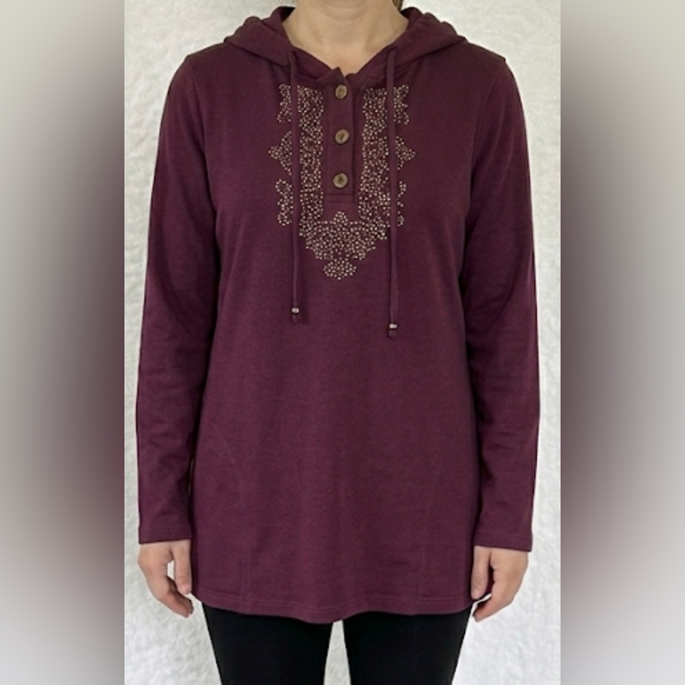 Susan Graver Artisan Studded Button-Front Hoodie Tunic XXS Plum Color